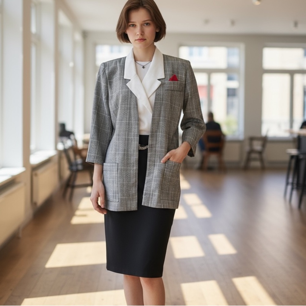 VINTAGE 80S MISS DORBY TWO PIECE DRESS AND JACKET SET BLACK WHITE RED SIZE
8P